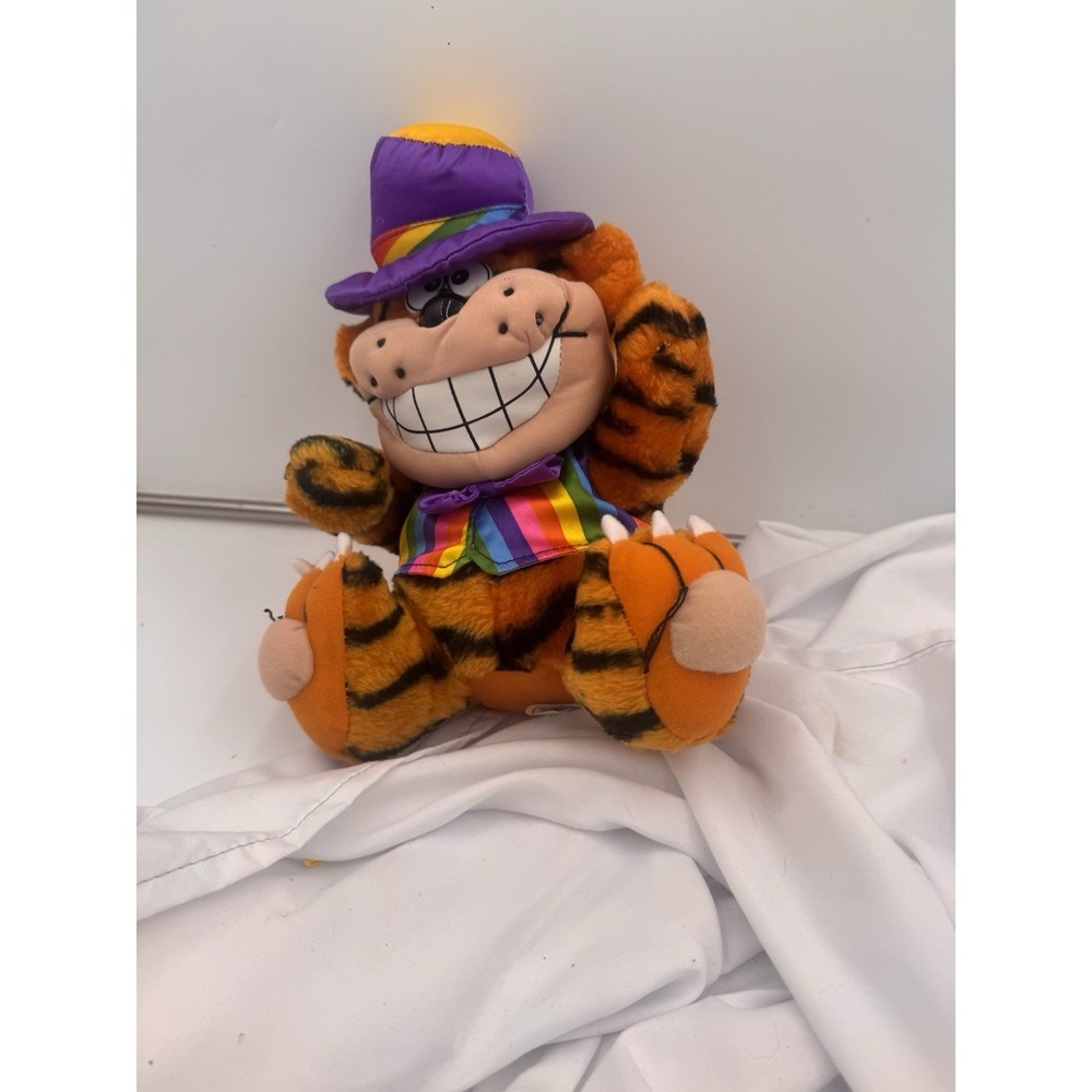 10" VINTAGE PLAY BY PLAY ORANGE TIGER RAINBOW SUIT HAT STUFFED ANIMAL PLUSH TOY